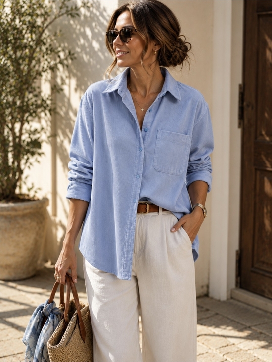Zara Tops - Zara Light  Lavander Blue Relaxed Thin Corduroy Shirt Size L Like New